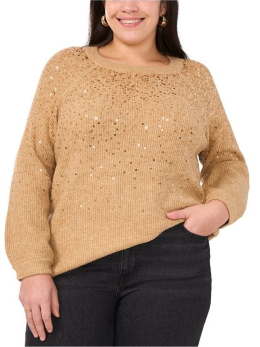 $69 Vince Camuto Sequin Round Neck Long Sleeve Sweater Latte Size M